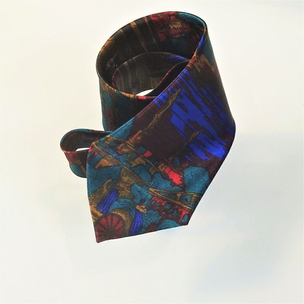 Vintage KKUSEBO Hand Made Mens Tie Grecian Roman Theme Blue Green Multicolor